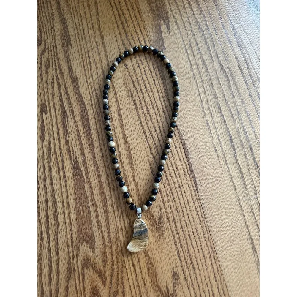 Handmade Beaded Necklace Natural Stone Pendant  Earthy Tones 18
